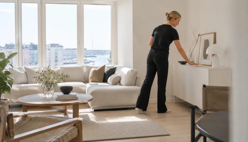 A cleaner dusting a sideboard in a bright living room
