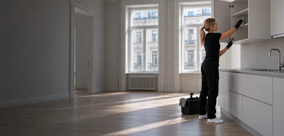 A cleaner wiping inside the kitchen cabinets of an empty apartment