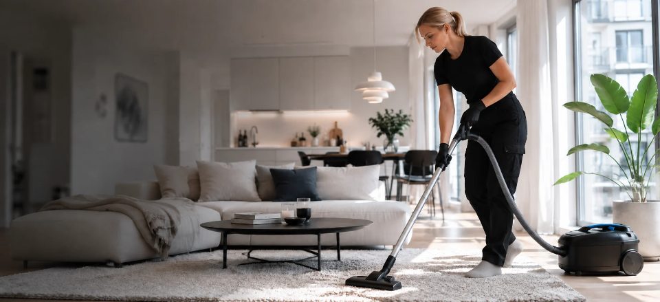 A cleaner vacuuming the rug in a bright living room