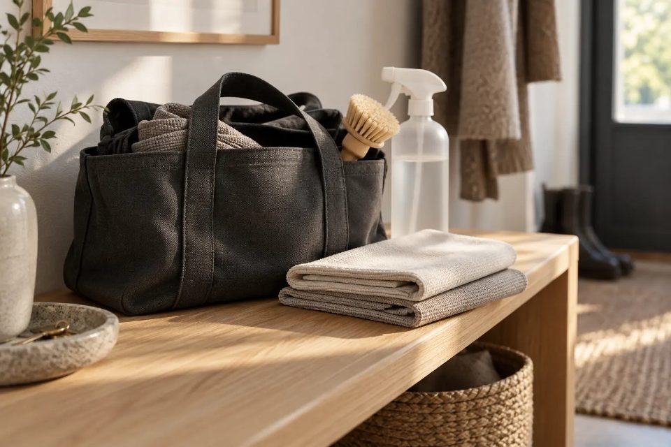 A cleaning bag, a brush, a spray bottle and folded cloths on a hallway bench