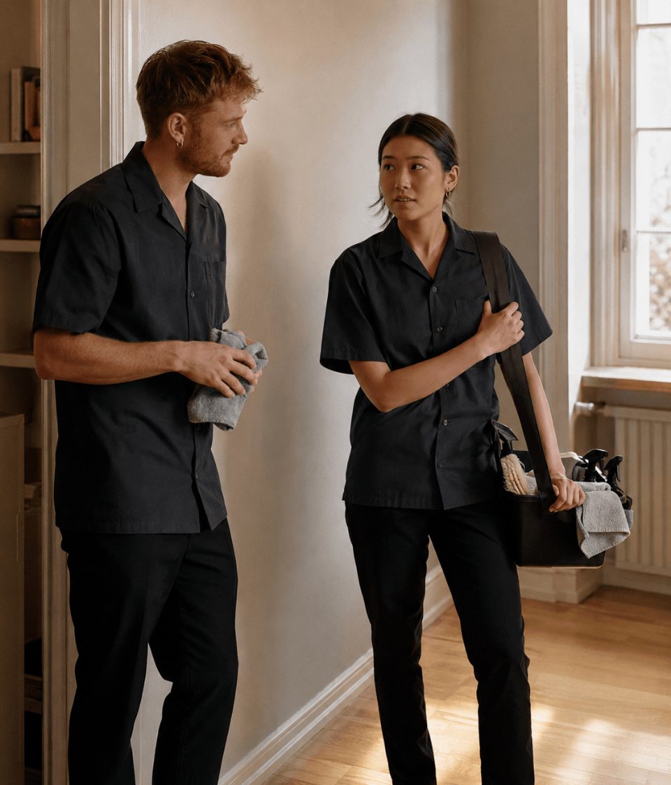 Two cleaners in black work shirts in an apartment, one carrying a bag of supplies