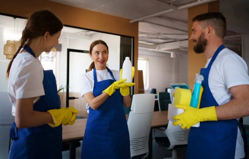A cleaning crew in aprons cleaning an office